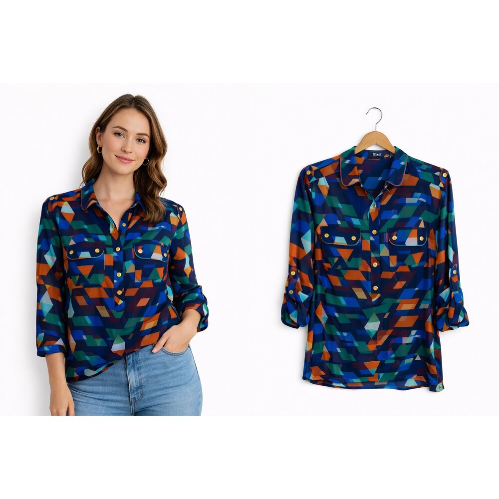 New ANA Blouse Popover Size Small Multi Color Geo Print 3/4 Sleeve